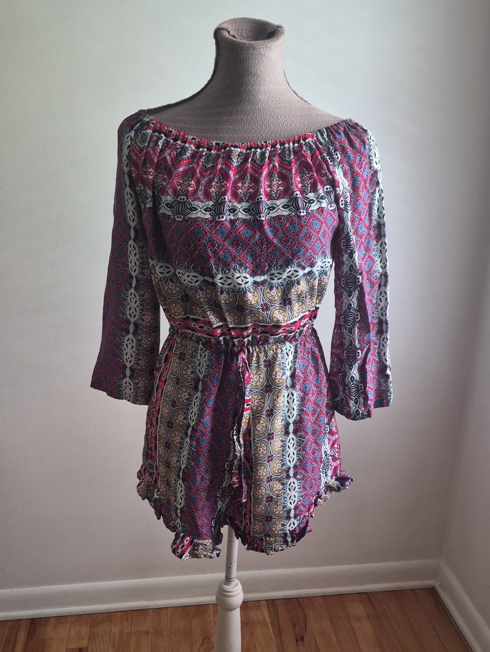 Boho Off-Shoulder, 3/4 Sleeve Women’s Romper- Purple's, Pinks, Yellow And White
